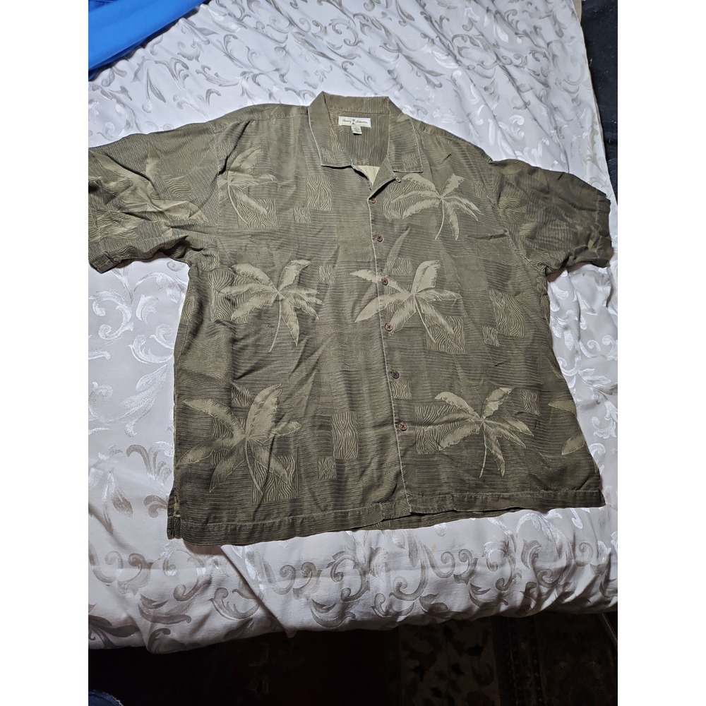 Tommy Bahama Hawaiian Shirt 100% Silk Green Tropical Palm Leaves 3D Brocade XXL